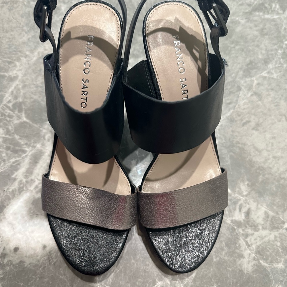 Franco Sarto Georgette Sandals Wedge Heel Open Toe Black Leather Womens US 7.5